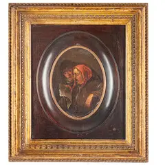 Egbert van Heemskerck II, Figure intente a leggere una lettera, oil on canvas applicata on panel ovale