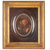 Egbert van Heemskerck II, Figure intente a leggere una lettera, oil on canvas applicata on panel ovale