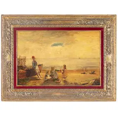 Frederick William Jackson, Inghilterra, 1859 - 1918 / Bambini e pescatori sulla spiaggia / Firmato J F William in basso a sinistra, oil on canvas