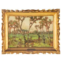 Lorenzo Gignous, Modena, 1862 - Porto Ceresio, 1958 / Paesaggio con figure / Firmato L Gignous in basso a destra, oil on cardboard