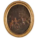 Festa paesana / Scena di osteria by Theodor Helmbreker, oil on canvas ovale, offered Apr 2025