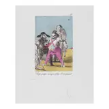 Setze jutges mengen fetge d'un penjat (Field 77-3-5) by Salvador Dalí, 1977, Heliogravure of Goya's plate 79, reworked and altered with drypoint and stencil-coloring on Rives BFK paper, sold Nov 2025
