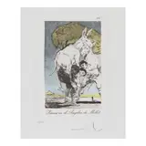 Piensa en el Angelus de Millet, from Les Caprices de Goya (Field 77-3-40) by Salvador Dalí, 1977, Heliogravure of Goya's plate 42, reworked and altered with drypoint and stencil-coloring on Rives BFK paper, sold Nov 2025