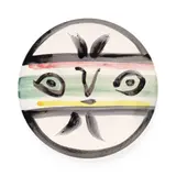 Visage no. 101 (Ramié 475) by Pablo Picasso, 1963, Glazed white earthenware clay round plate painted in green, yellow, pink and black, sold Nov 2025