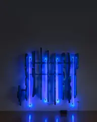 Chryssa, Scale (Walking Crowd), circa 1990-95, spray coated aluminum, neon and transformer
