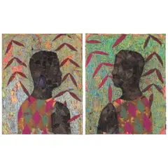 Derek Fordjour, Couplet 20, 2017, oil pastel, charcoal, acrylic, cardboard and newspaper collage mounted to canvas, in two parts