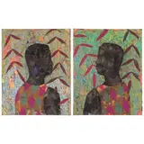 Derek Fordjour, Couplet 20, 2017, oil pastel, charcoal, acrylic, cardboard and newspaper collage mounted to canvas, in two parts