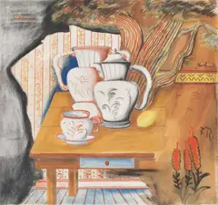 Franz Radziwill, Stilleben mit Kannen, Tasse und Zitrone, 1921, Tempera auf Leinwand
