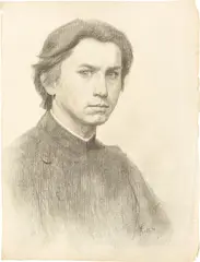 Fidus, Selbstbildnis (mit Beigabe: Kopfzeichnung), 1891, Kohle auf Bütten (Wasserzeichen: E D & Cie. PL BAS)