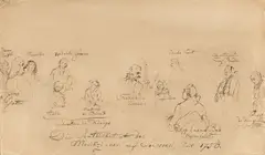 Adolph von Menzel, Die Personen des „Flötenkonzerts, 1852, Feder auf bräunlichem Papier, alt auf Karton aufgezogen