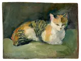 August Macke, Katze auf grünem Kissen I, 1909, Öl auf Pappe