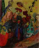 Stilleben mit dunklen Blättern by Gabriele Münter, 1914, Öl auf Pappe, sold May 2019