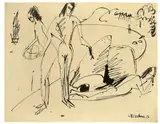 Badende am Strand von Fehmarn by Ernst Ludwig Kirchner, 1912, Rohrfeder und Tuschpinsel auf Papier, sold Oct 2018