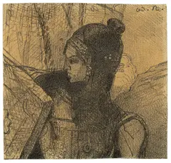 Odilon Redon, Brünnhilde („Le Guerrier“), Bleistift auf braunem Papier