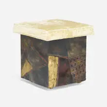 Stool, model PE 35 by Paul Evans, c. 1970, welded, gilt and enameled steel, upholstery, sold Jul 2022