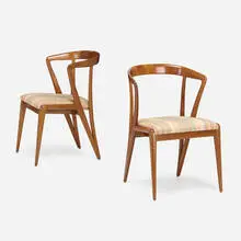 Chairs, pair by Bertha Schaefer, c. 1950, walnut, upholstery, sold Jul 2022