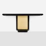 Jacques Adnet, Console table, c. 1940, lacquered wood, vellum, brass, reverse-painted glass