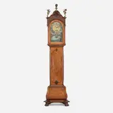 Harmanus Huyslandt, Tall case clock, walnut, mahogany, brass, patinated brass, enameled and hand-painted steel, enameled and hand-painted brass, nickel-plated steel and brass