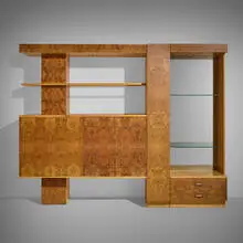 Modern, Display cabinet, c. 1975, bird's-eye maple, walnut burl, glass, mirrored glass