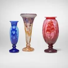 Le Verre Français, Vases, set of three, c. 1925, internally-decorated and acid-etched cameo glass