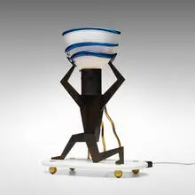 Dan Dailey, Strong Man lamp, 1990, patinated bronze, glass, gilt brass