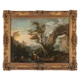 Veduta di fantasia con viandanti by Jean-Baptiste Lallemand, oil on canvas, offered Apr 2025