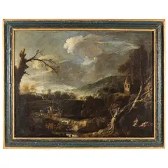 Antonio Francesco Peruzzini, Paesaggio con campanile e frati in preghiera, oil on canvas