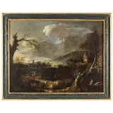 Antonio Francesco Peruzzini, Paesaggio con campanile e frati in preghiera, oil on canvas