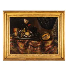 Natura morta con frutti e tappeto by Carlo Manieri, oil on canvas, offered Apr 2025