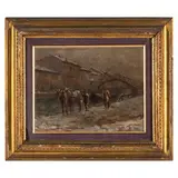 Milano, 1879 - Cernobbio, 1944 / Cavalli lungo i navigli / Firmato G Solenghi in basso a sinistra by Giuseppe Solenghi, oil on tavoletta, offered Apr 2025