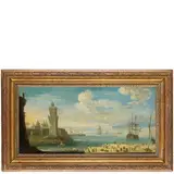 Orazio Grevenbroeck, Porto mediterraneo con faro e vascelli, oil on canvas