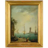 Veduta portuale mediterranea con figure / Veduta costiera con vascello e pescatori by Charles François Lacroix de Marseille, oil on canvas, offered Apr 2025