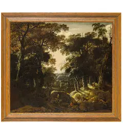 Jan Looten, Paesaggio boschivo con scena di caccia, oil on canvas