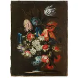 Natura morta con tulipani, garofani e altri fiori in un vaso di porcellana blu e bianca by Francesco Caldei detto Francesco Mantovano, oil on canvas, offered Apr 2025