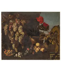Natura morta con uva, pesche, fichi e garofani by Giuseppe Ruoppolo, oil on canvas, offered Apr 2025