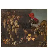 Giuseppe Ruoppolo, Natura morta con uva, pesche, fichi e garofani, oil on canvas