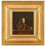 Eustache-Francois Duval, Natura morta con statua e violino / Firmato E Duval in basso a destra sul bordo del tavolo, oil on panel 21