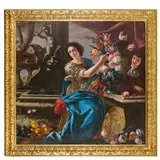 Giuseppe Recco, Flora e ragazzo nel giardino di una villa con fontana, composizioni floreali e di frutta / Siglato e datato 1686 in basso a destra
