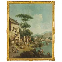 Paolo Monaldi, Paesaggio fluviale con scena popolare, oil on canvas