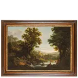 George Smith, Paesaggio fluviale con artisti che disegnano e viandanti, oil on canvas