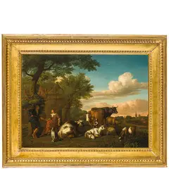 Jan van Gool, Paesaggio con pastori a riposo / Firmato in basso a sinistra: J.V.Gool, oil on panel