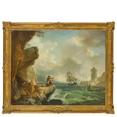 Henry d'Arles, Veduta portuale con figure, oil on canvas