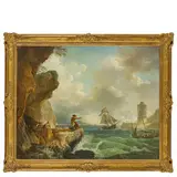 Henry d'Arles, Veduta portuale con figure, oil on canvas
