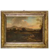 Veduta della campagna romana con il Mausoleo di Cecilia Metella e viandanti by Giovan Battista Giovannini, oil on canvas, offered Apr 2025