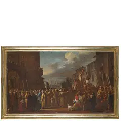 Cornelis de Wael, Processione con il Martirio di S. Andrea e la Lanterna sullo sfondo, oil on canvas