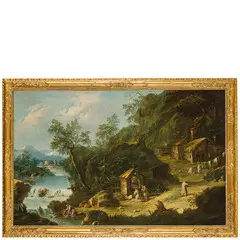 Antonio Diziani, Paesaggio fluviale con convento e frati, oil on canvas