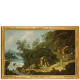 Antonio Diziani, Paesaggio fluviale con convento e frati, oil on canvas