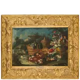 Francesco Lavagna, Natura morta con fiori, piatto e otre, oil on canvas