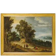 Jan Wildens, Paesaggio con viandanti e veduta con la Lanterna sullo sfondo, oil on canvas