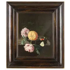 Cornelis Kick, Natura morta con arancia, fragole di bosco, rose e una farfalla / Firmato e datato 1667, oil on canvas